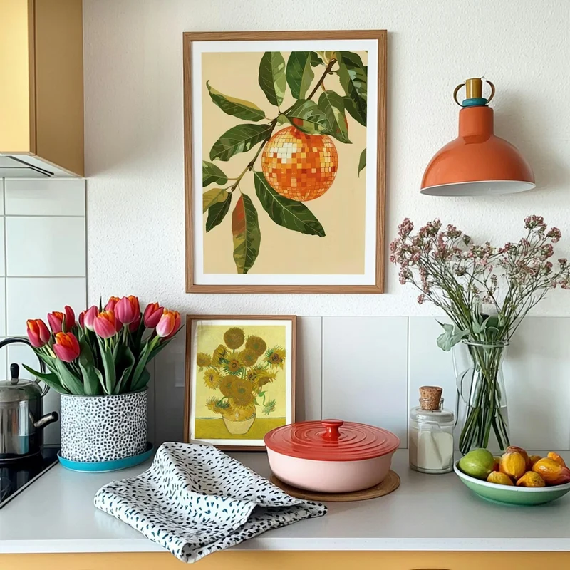 Image of Disco Ball In Orange Tree Green Leaves Kitchen Art Print