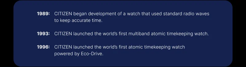 1989: CITIZEN began development of a watch that used standard radio waves to keep accurate time.    1993: CITIZEN launched the world’s first multiband atomic timekeeping watch.    1996: CITIZEN launched the world’s first atomic timekeeping watch powered by Eco-Drive.