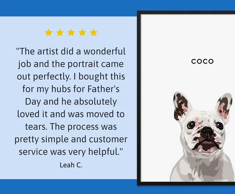 Customer review: "The artist did a wonderful job and the portrait came out perfectly. I bought this for my hubs for Father's Day and he absolutely loved it and was moved to tears. The process was pretty simple and customer service was very helpful."
