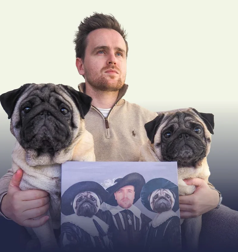 Dog Dad sitting with his two pugs and their pet portrait