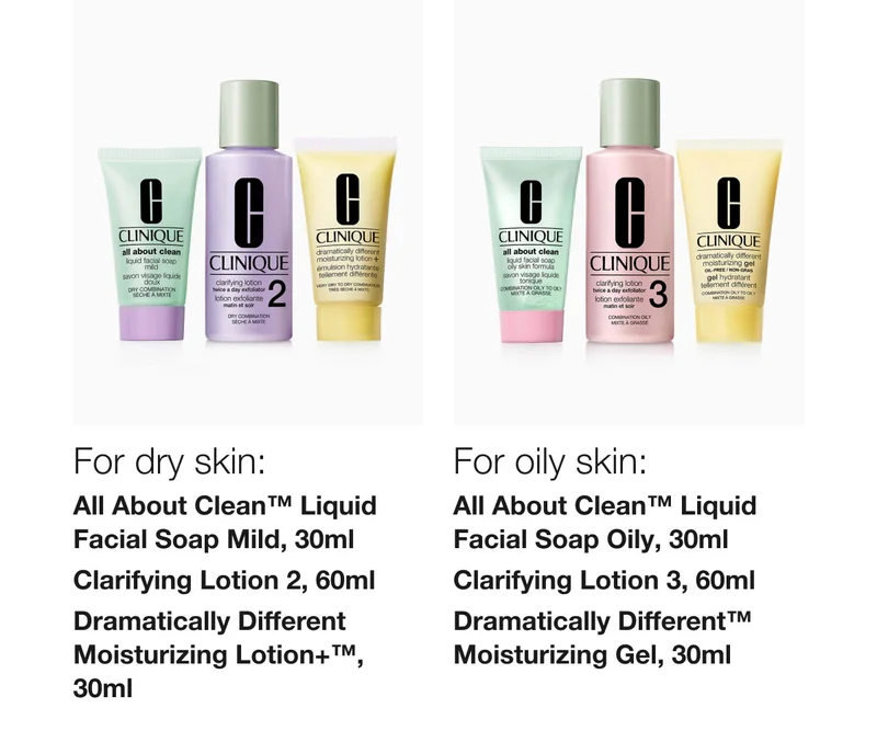 For dry skin: All About Clean™ Liquid Facial Soap Mild, 30ml Clarifying Lotion 2, 60ml Dramatically Different Moisturizing Lotion+™, 30ml For oily skin: All About Clean™ Liquid Facial Soap Oily, 30ml Clarifying Lotion 3, 60ml Dramatically Different™ Moisturizing Gel, 30ml