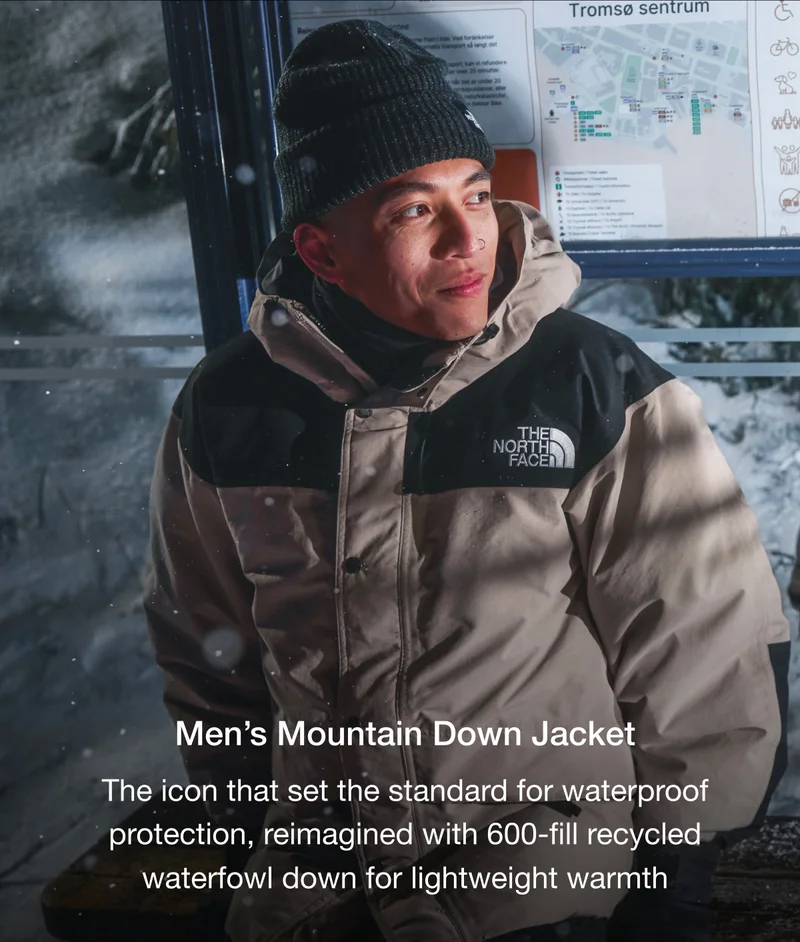 Men's Mountain Down Jacket. The icon that set the standard for waterproof protection, reimagined with 600-fill recycled waterfowl down for lightweight warmth