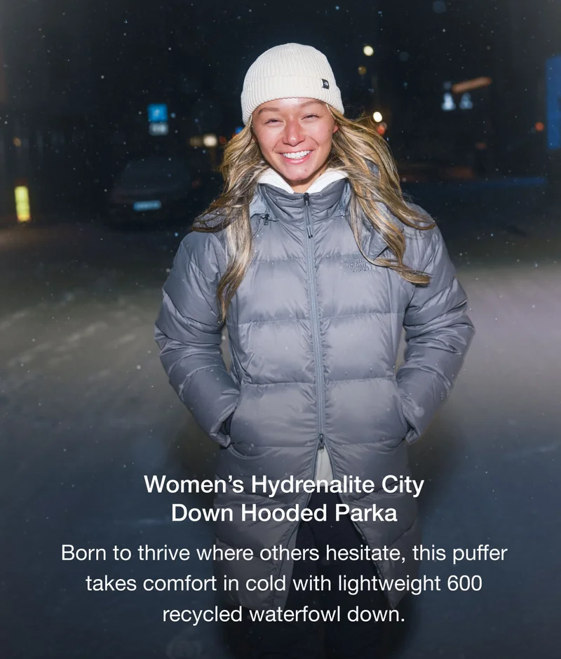 Women's Hydrenalite City Down Hooded Parka. Born to thrive where others hesitate, this puffer takes comfort in cold with lightweight 600 recycled waterfowl down.