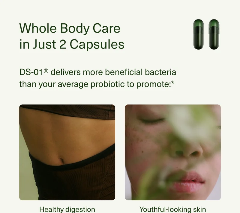 Whole Body Care in Just 2 Capsules | DS-01® delivers more beneficial bacteria than your average probiotic to promote:* | Healthy digestion | Youthful-looking skin