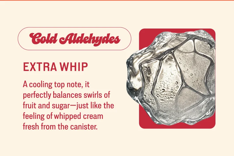 extra whip cold aldehydes A cooling top note, it perfectly balances swirls of fruit and sugar—just like the feeling of whipped cream fresh from the canister.