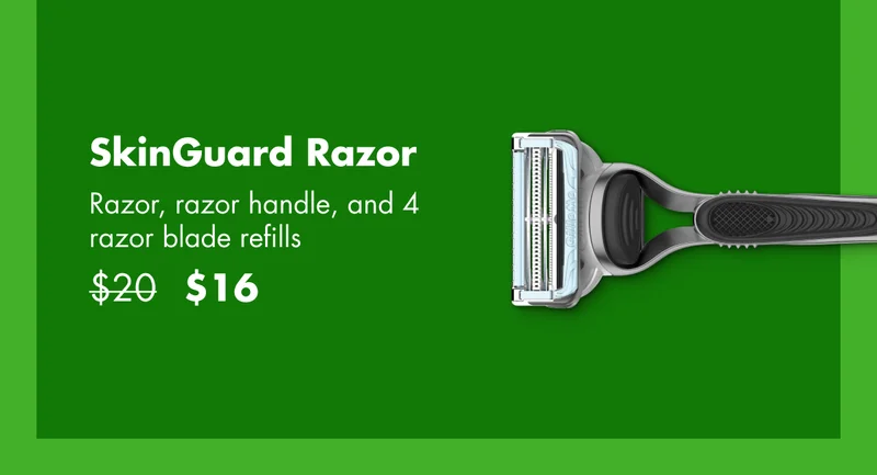 SkinGuard Razor. Razor, razor handle, and 4 razor blade refills. Was $20 now $16.