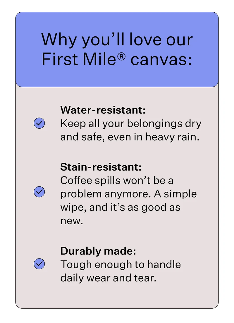 Why you’ll love our First Mile® canvas: Water-resistant: Keep all your belongings dry and safe, even in heavy rain.   Stain-resistant: Coffee spills won’t be a problem anymore. A simple wipe, and it’s as good as new.   Durably made: Tough enough to handle daily wear and tear.