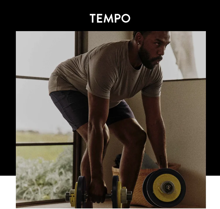 Tempo logo on top of a preview of Tempo user training with dumbbells