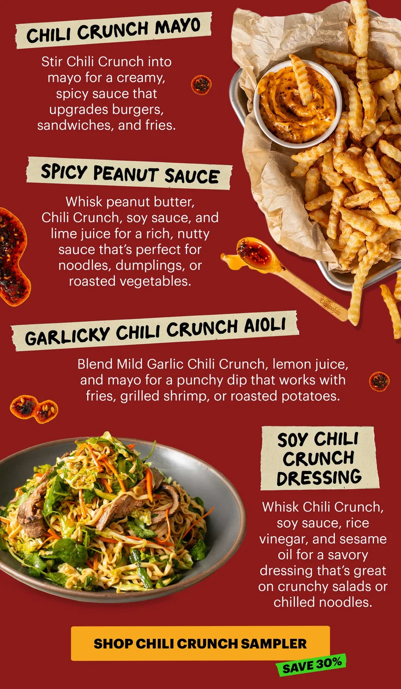 Header: NATIONAL SAUCE MONTH Sub-header: Sauce makes the meal. CTA: SHOP CHILI CRUNCH SAMPLER