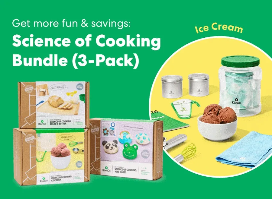 Animated bundle highlights three KiwiCo Science of Cooking crates—Ice Cream, Bread & Butter, and Mini Cakes—each with hands-on experiments and tools.