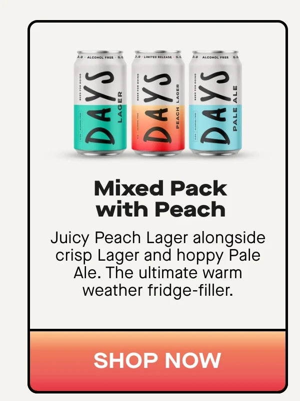 Mixed Pack with Peach  Juicy Peach Lager alongside crisp Lager and hoppy Pale Ale. The ultimate warm weather fridge-filler.