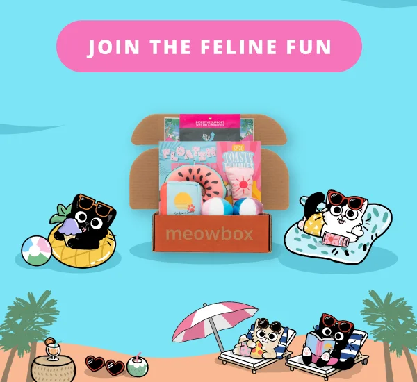 Join the feline fun! Image of the Sandy Beans Resort meowbox (featuring toys like the Floating Feline Floatie, Toasty Tummies SPF30 Sunscreen Kicker, Beach Fluffblum Beach Balls 2-pack cat toys and more)
