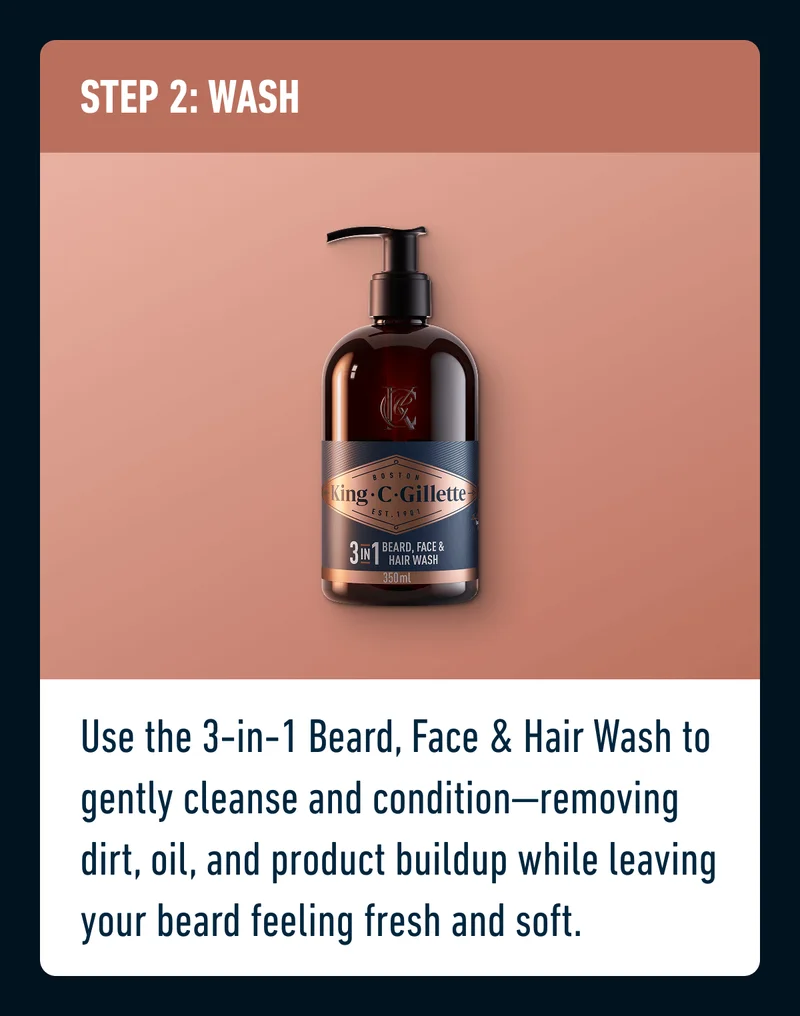 STEP 2: WASH - Use the 3-in-1 Beard, Face & Hair Wash to gently cleanse and condition—removing dirt, oil, and product buildup while leaving your beard feeling fresh and soft.