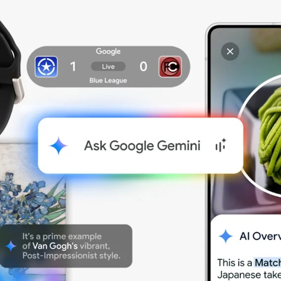 Against a white background are different product interfaces in the image, including the Ask Google Gemini prompt bar, AI Overviews and gen AI features.