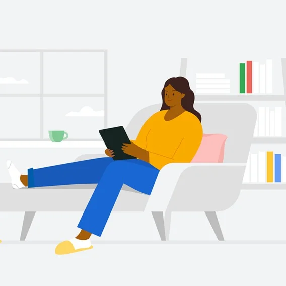 An illustration of a person sitting in a chair in a living room while reading off of a tablet.