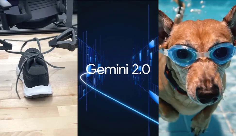 Collage showing robot arms tying sneaker laces; text saying Gemini 2.0 against a blue and black background; and a dachshund wearing goggles while swimming in a Veo 2 video still.