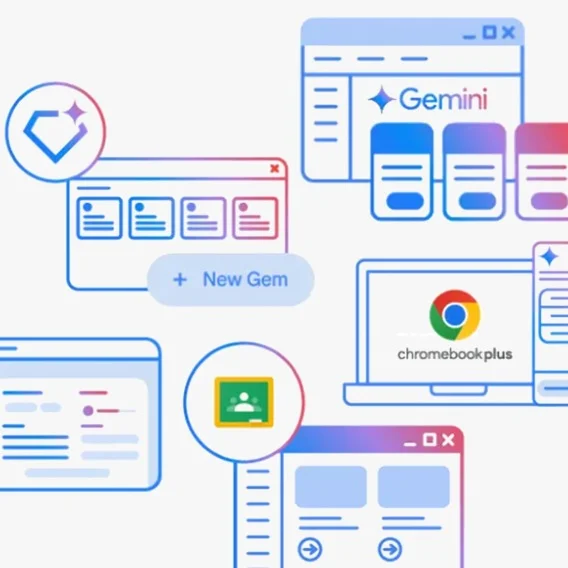 An illustration of different Google product interfaces, including Gemini, Gems in Gemini, Search and Chromebook Plus.