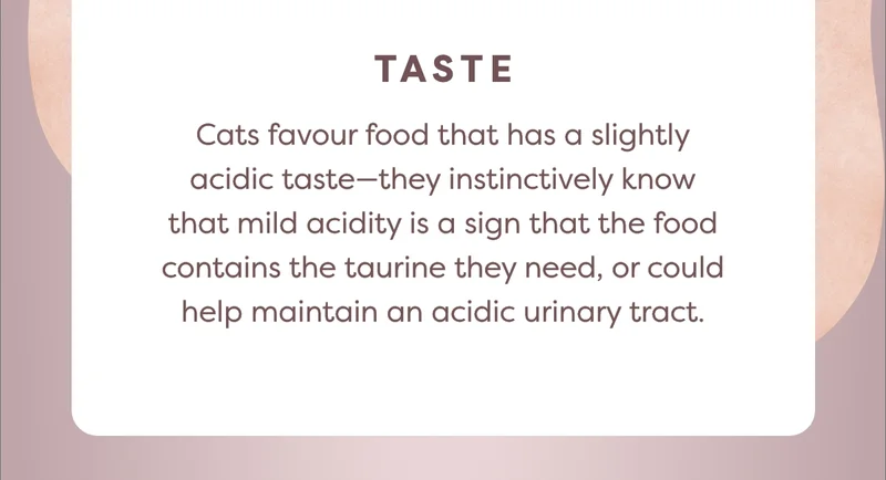 Cats favour food that has a slightly acidic taste—they instinctively know that mild acidity is a sign that the food contains the&nbsp;taurine they need, or could help maintain an acidic urinary tract.