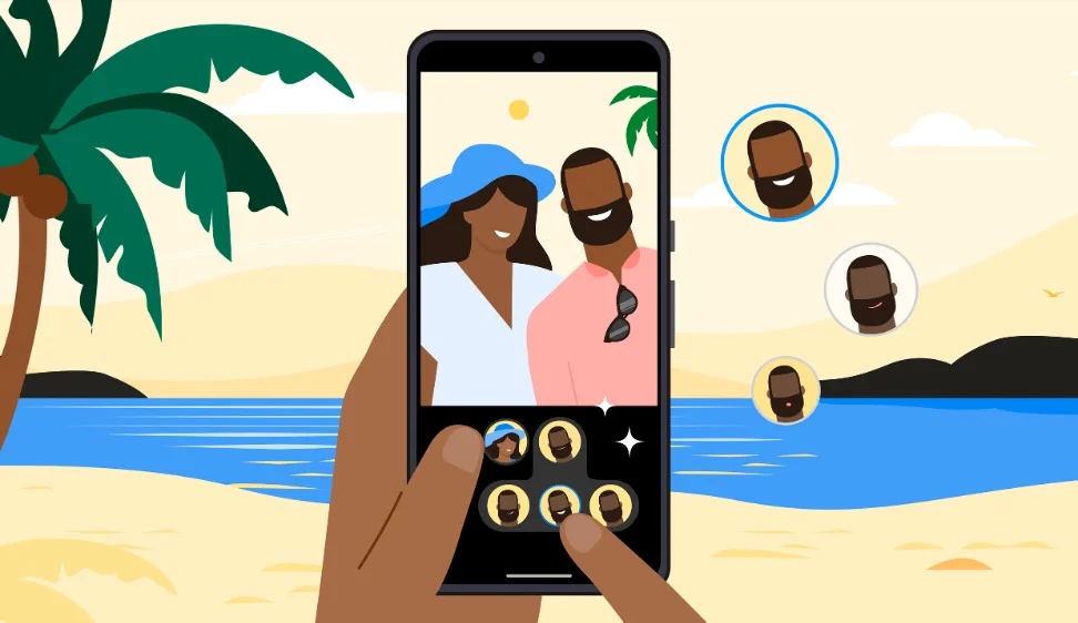 An illustration of a phone using the Best Take feature; the subjects are a couple and there are three circles with the subjects’ faces in them below the photo. The hands of the person who is holding the phone are choosing which face to use.