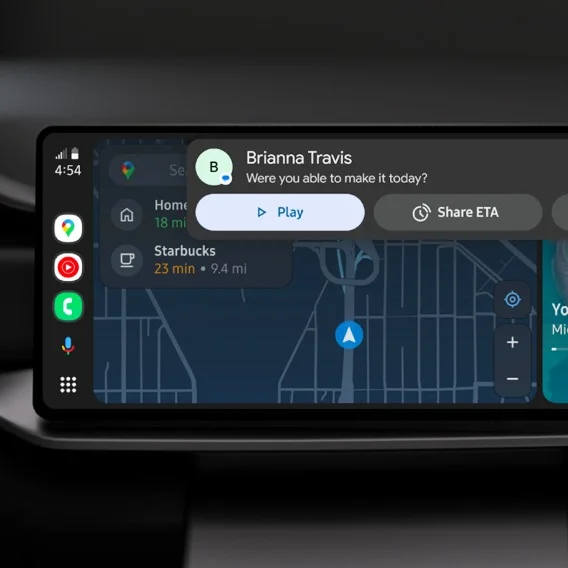 A Pixel device with Google Maps pulled up on the screen. A chat bubble overlays the map and says: “Were you able to make it today?”