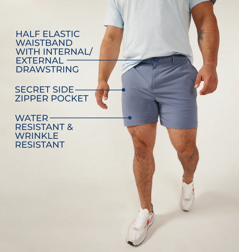 Elastic waistband, secret side zipper pocket, water resistant & wrinkle resistant.