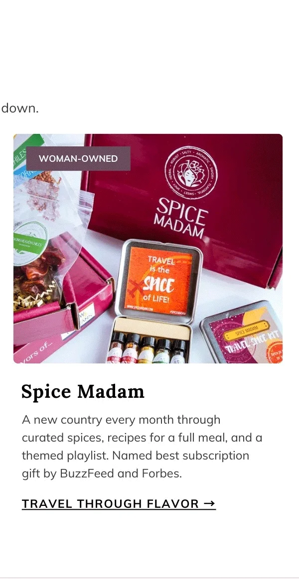 Spice Madam - Explore, discover, and experience a new destination each month through a monthly curated box of spices, recipes, music and fun facts from each country.