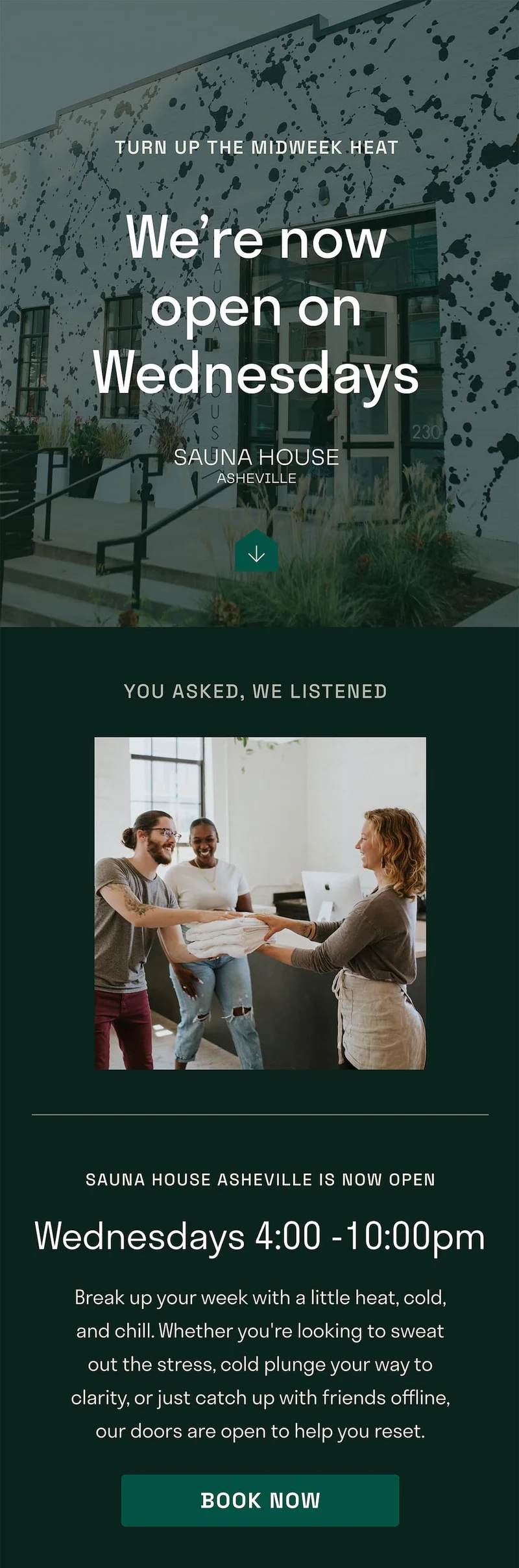 Run up the midweek heat. We're now open on Wednesdays. Sauna House Asheville