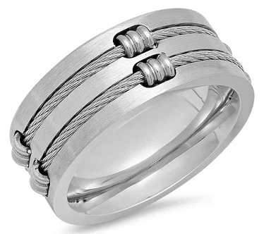 Steel By Design Men's Stainless Steel Inlay Wire Cable Ring