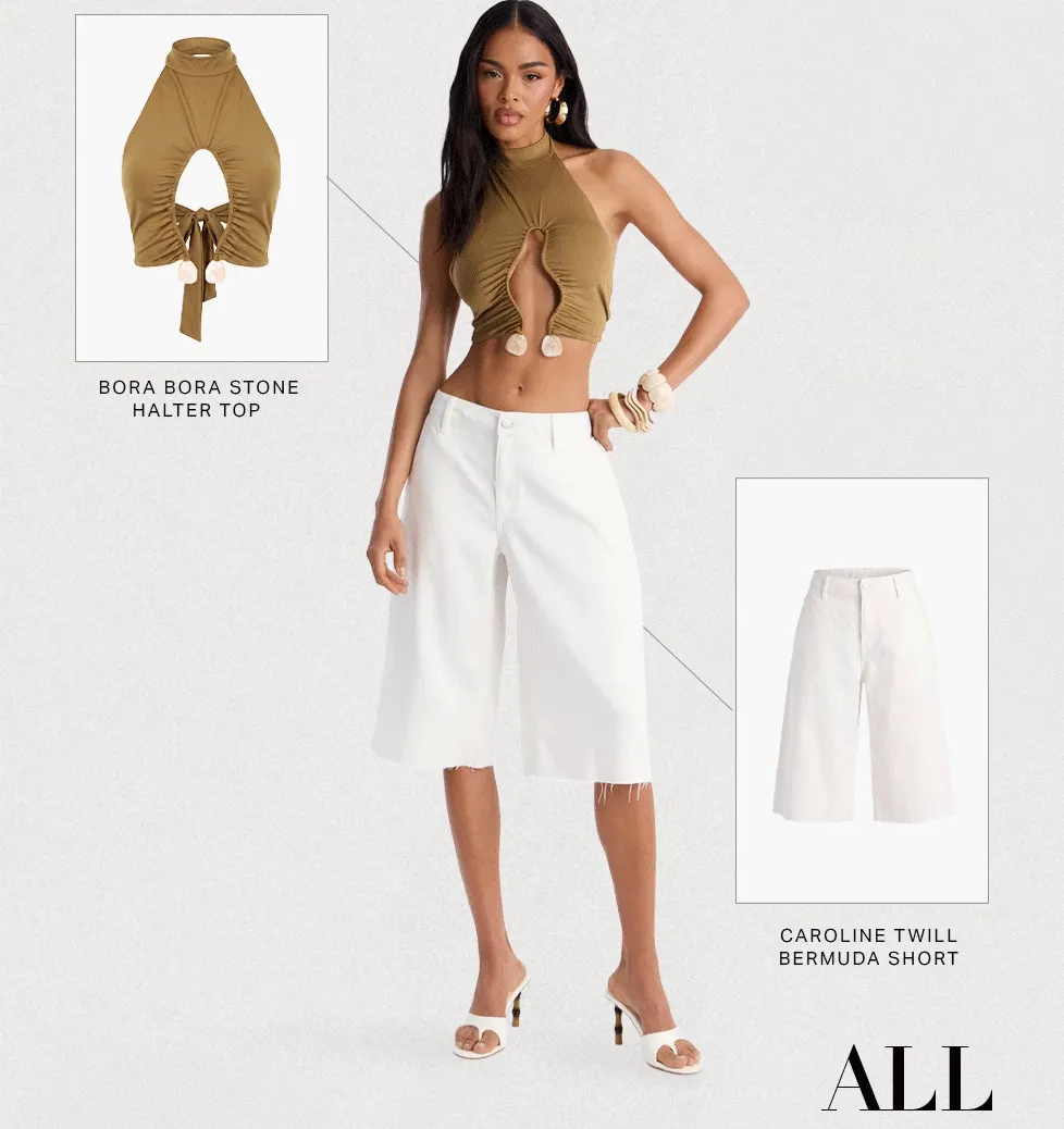 Model in olive Bora Bora Stone Halter Top & white Caroline Twill Bermuda Shorts. Shop women's stylish summer fashion.