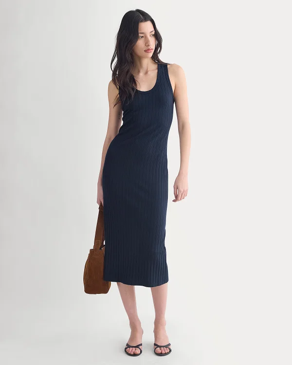 Image | Model | Scoop-Neck Midi Dress in Pointelle Knit | Deep Navy