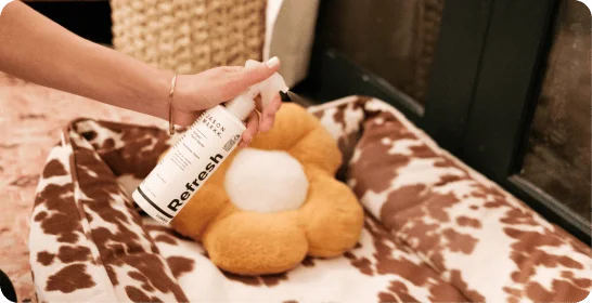 A medium shot shows a person's hand holding a white spray bottle labeled 'JASON MARKk. Refresh' and 'Refresh' in large black text, spraying it onto a ...