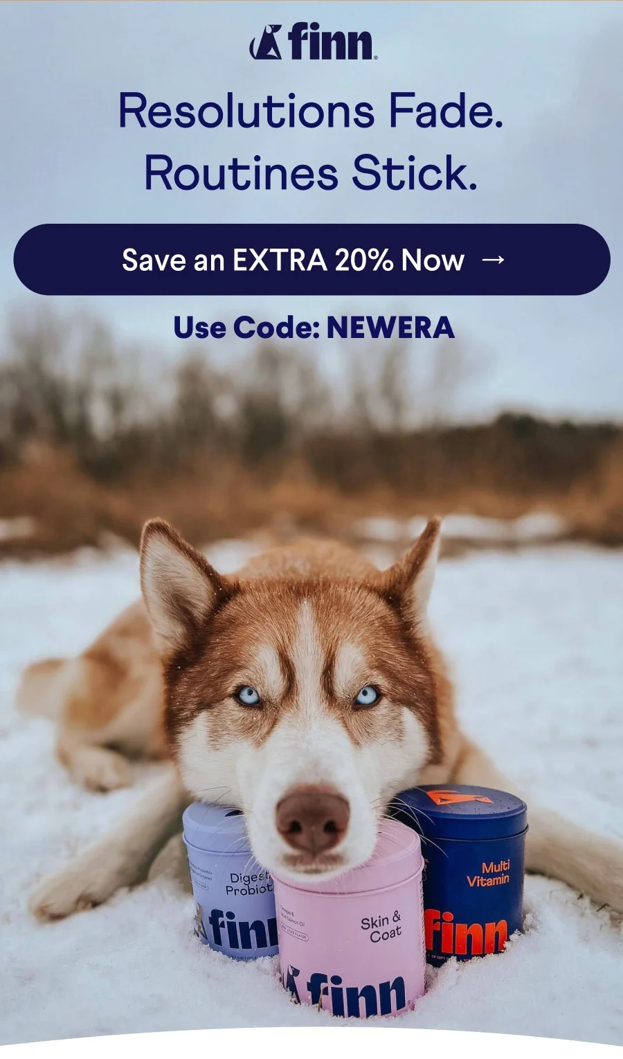 Finn Logo. Text: Resolutions Fade. Routines Stick.  CTA: Save an EXTRA 20% Now  → Use Code: NEWERA