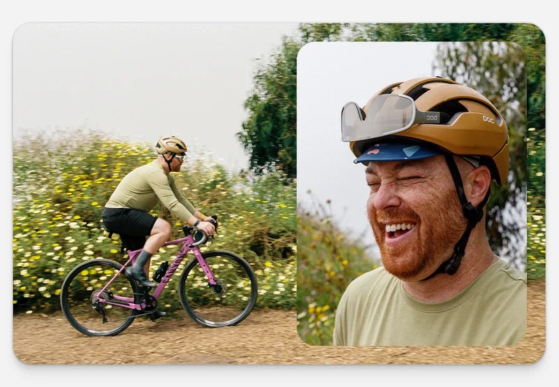 Mike riding a pink gravel bike through a dirt rode. Second image is Mike headshot laughing.