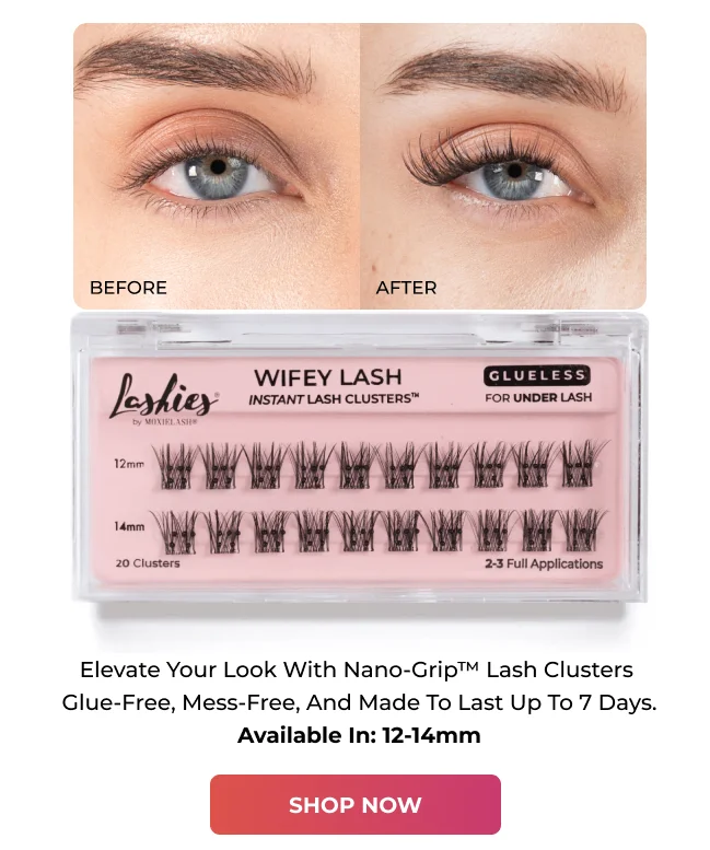Before and after close-up of an eye showing natural lashes compared to enhanced volume using Wifey Cluster lashes.