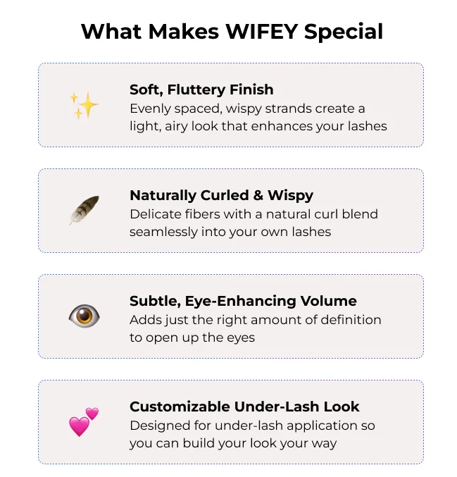What makes Wifey special: soft fluttery finish, naturally curled wispy fibers, subtle eye-enhancing volume, and customizable under-lash application.