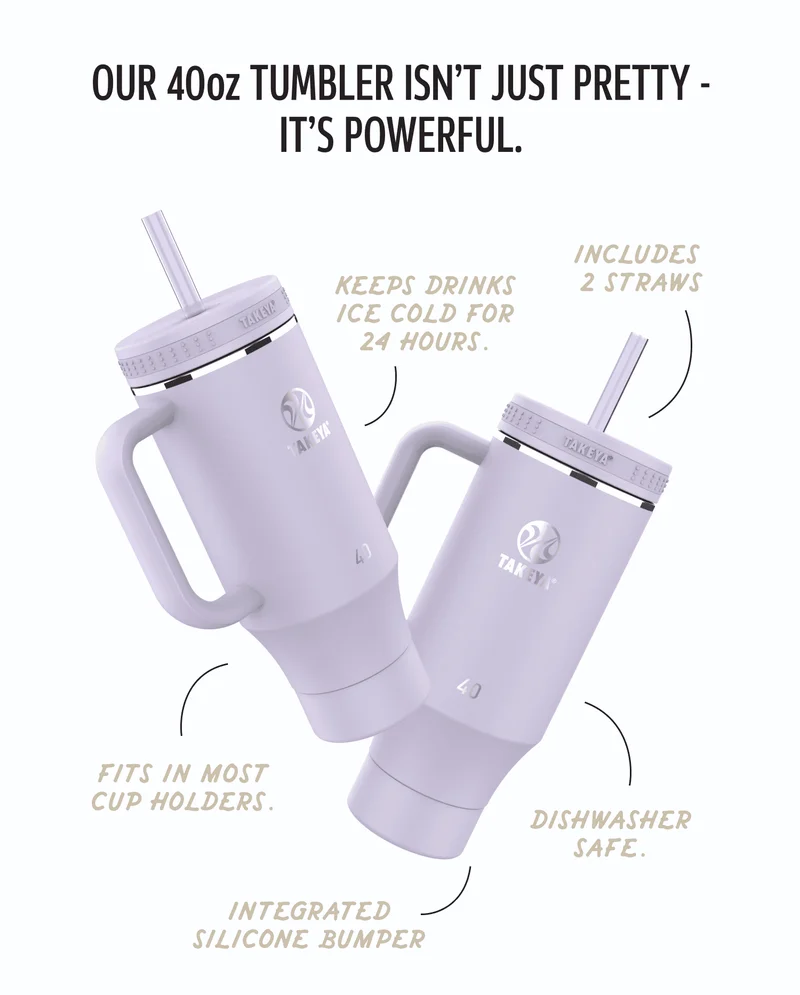 Our 40oz Tumbler isn’t just pretty – it’s powerful. | Keeps drinks ice cold for 24 hours. | Includes 2 straws | Dishwasher safe. | Integrated silicone bumper | Fits in most cup holders.