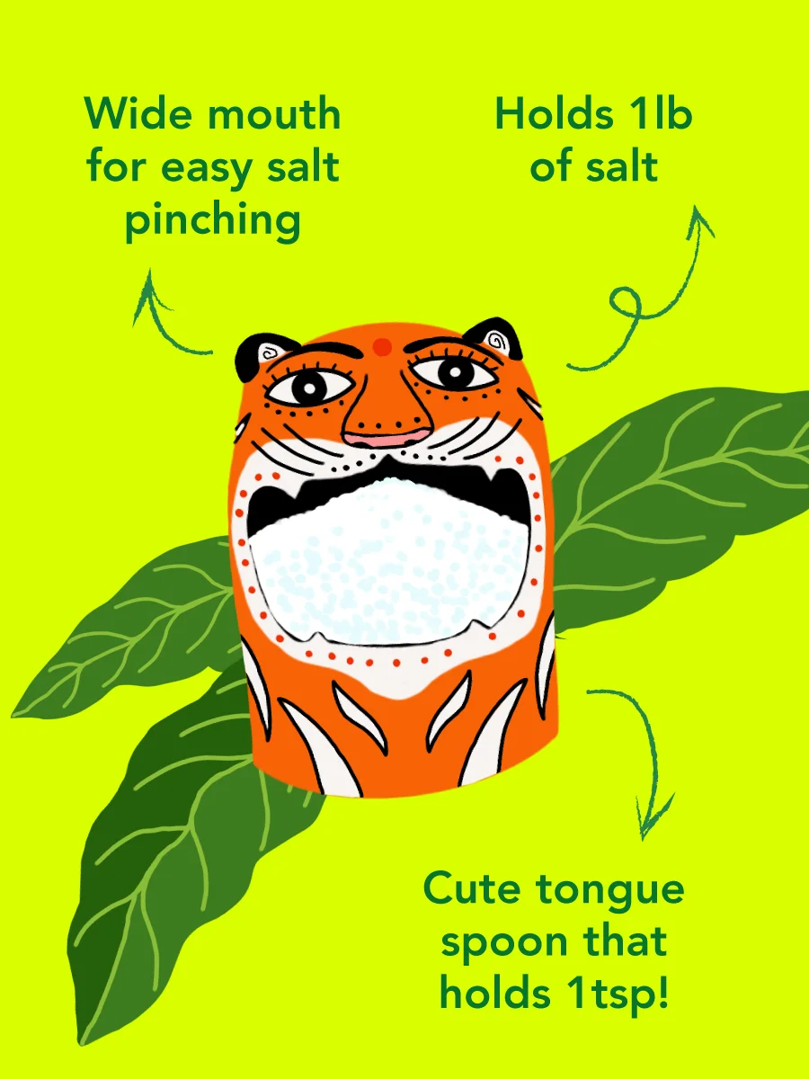 Wide mouth for easy salt pinching, holds 1lb of salt, cute tongue spoon that holds 1tsp!