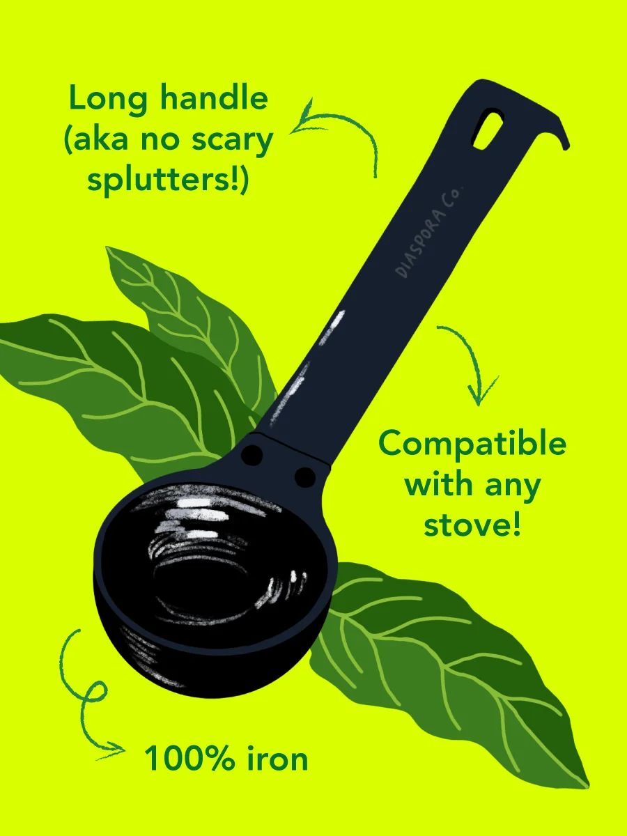 Long handle (aka no scary splutters!), compatible with any stove, 100% iron.