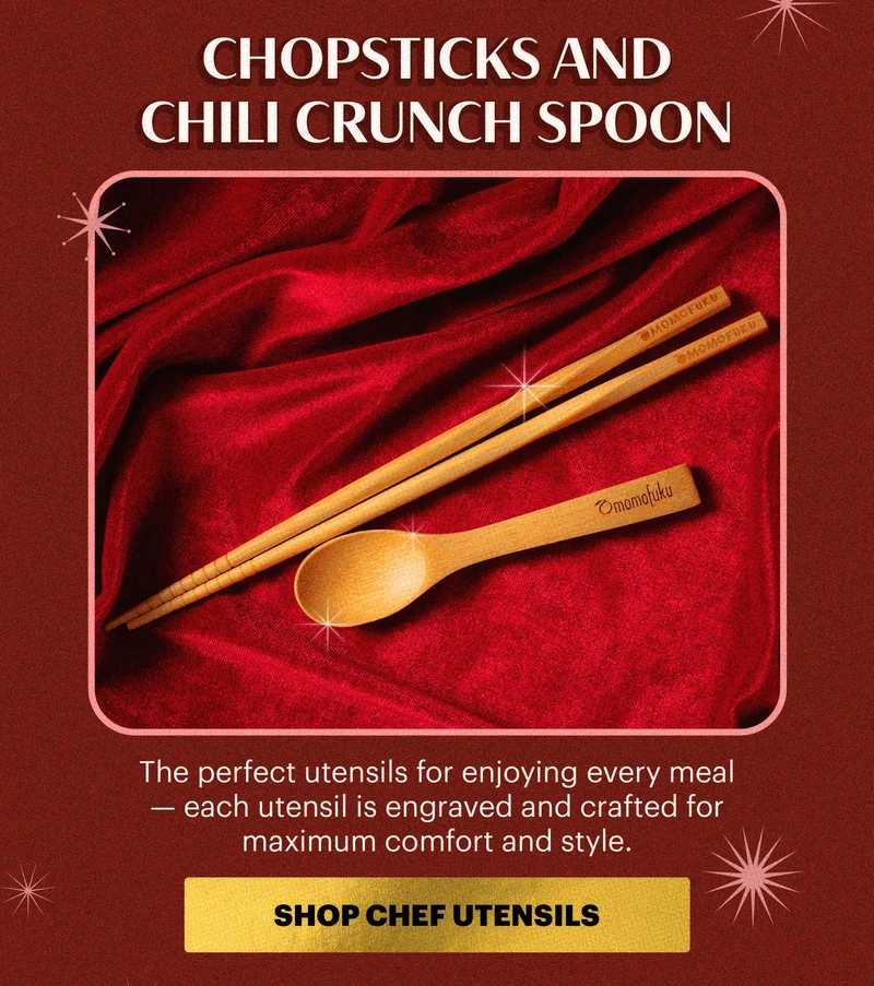 Header: Chopsticks and Chili Crunch Spoon  Sub-header: The perfect utensils for enjoying every meal — each utensil is engraved and crafted for maximum comfort and style.  CTA: SHOP CHEF UTENSILS