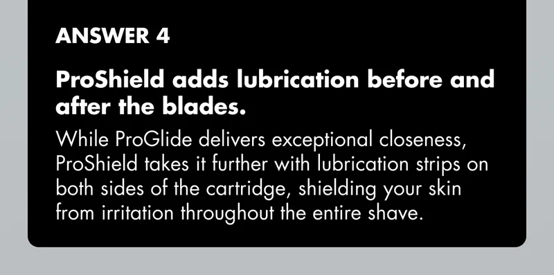 ANSWER 4 - ProShield adds lubrication before and after the blades. While ProGlide delivers exceptional closeness, ProShield takes it further with lubrication strips on both sides of the cartridge, shielding your skin from irritation throughout the entire shave.