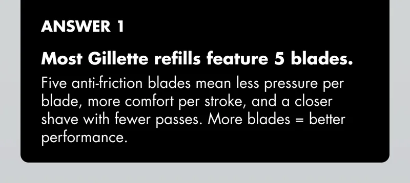 ANSWER 1 - Most Gillette refills feature 5 blades. Five anti-friction blades mean less pressure per blade, more comfort per stroke, and a closer shave with fewer passes. More blades = better performance.