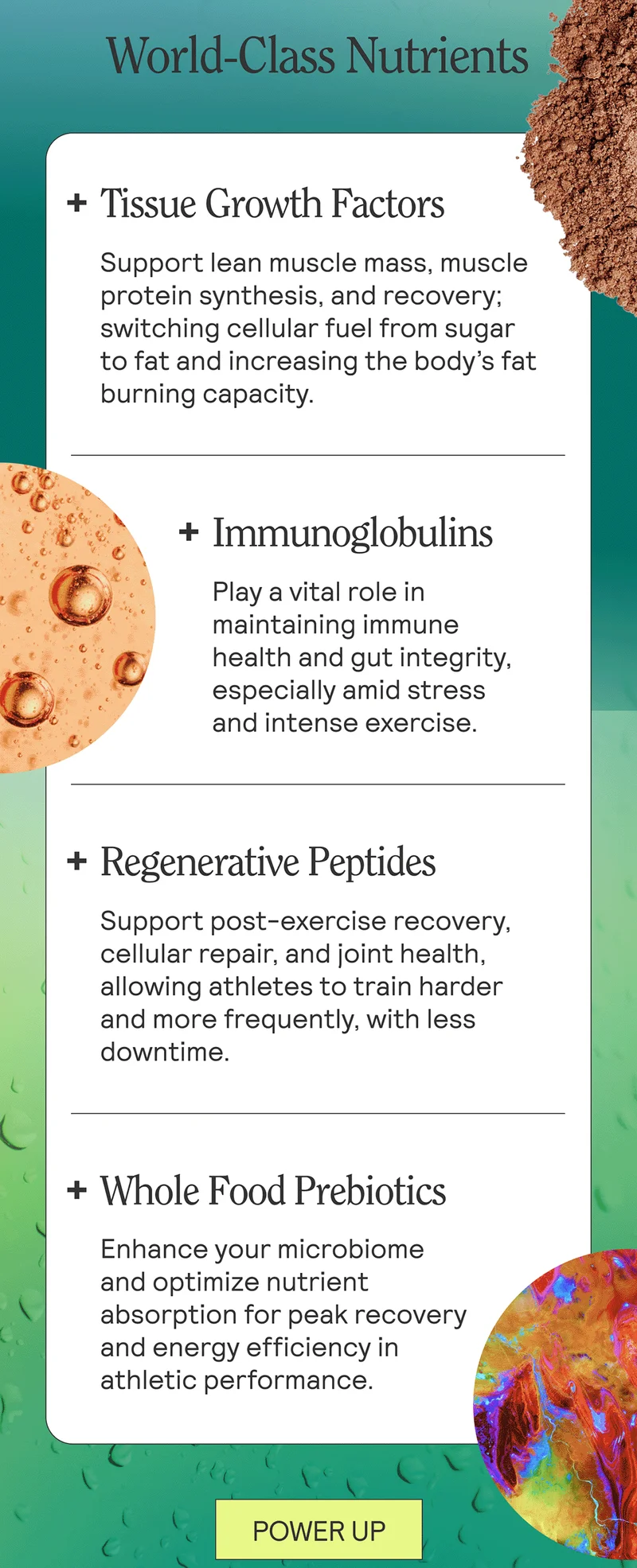 World-Class Nutrients  TISSUE GROWTH FACTORS Support lean muscle mass, muscle protein synthesis, and recovery; switching cellular fuel from sugar to fat and increasing the body’s fat burning capacity.  IMMUNOGLOBULINS Play a vital role in maintaining immune health and gut integrity, especially amid stress and intense exercise.  REGENERATIVE PEPTIDES Support post-exercise recovery, cellular repair, and joint health, allowing athletes to train harder and more frequently, with less downtime.  WHOLE FOOD PREBIOTICS Enhance your microbiome and optimize nutrient absorption for peak recovery and energy efficiency in athletic performance.