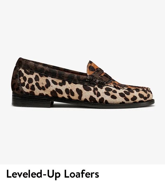 Loafers in brown, black, maroon and animal print.