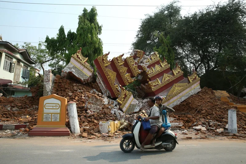 A building lies in rubble after a 7.7 magnitude earthquake struck Myanmar on March 28, 2025