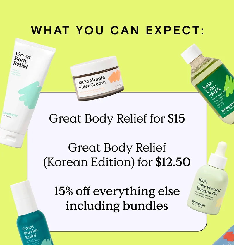 What You Can Expect: Great Body Relief for $15, Great Body Relief (Korean Edition) for $12.50, and 15% off everything else including bundles.
