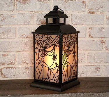 Flickering Flame Lantern with Spider Web Design by Valerie
