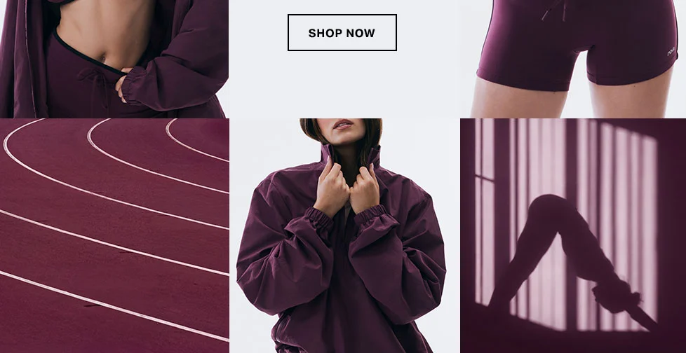 Deep plum activewear pieces like shorts and a jacket, interspersed with a running track and a yoga silhouette. 'SHOP NOW' to discover the new athletic collection.
