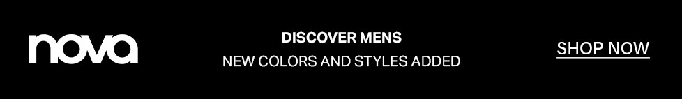 Nova brand banner with white text on black. "Discover Mens" highlights new colors and styles. Shop the latest men's fashion now!