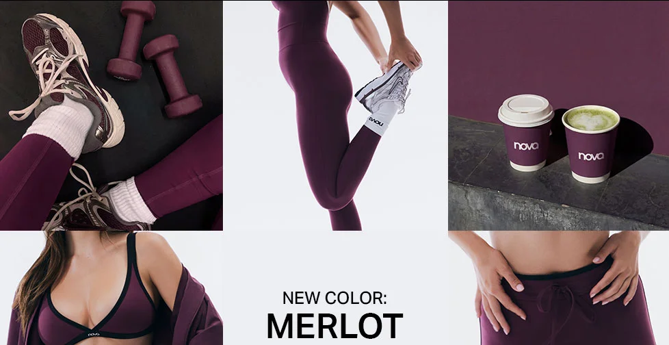 Collage of new Merlot activewear: leggings, sports bra, and fitness accessories. Features rich burgundy apparel for stylish workouts and everyday comfort.