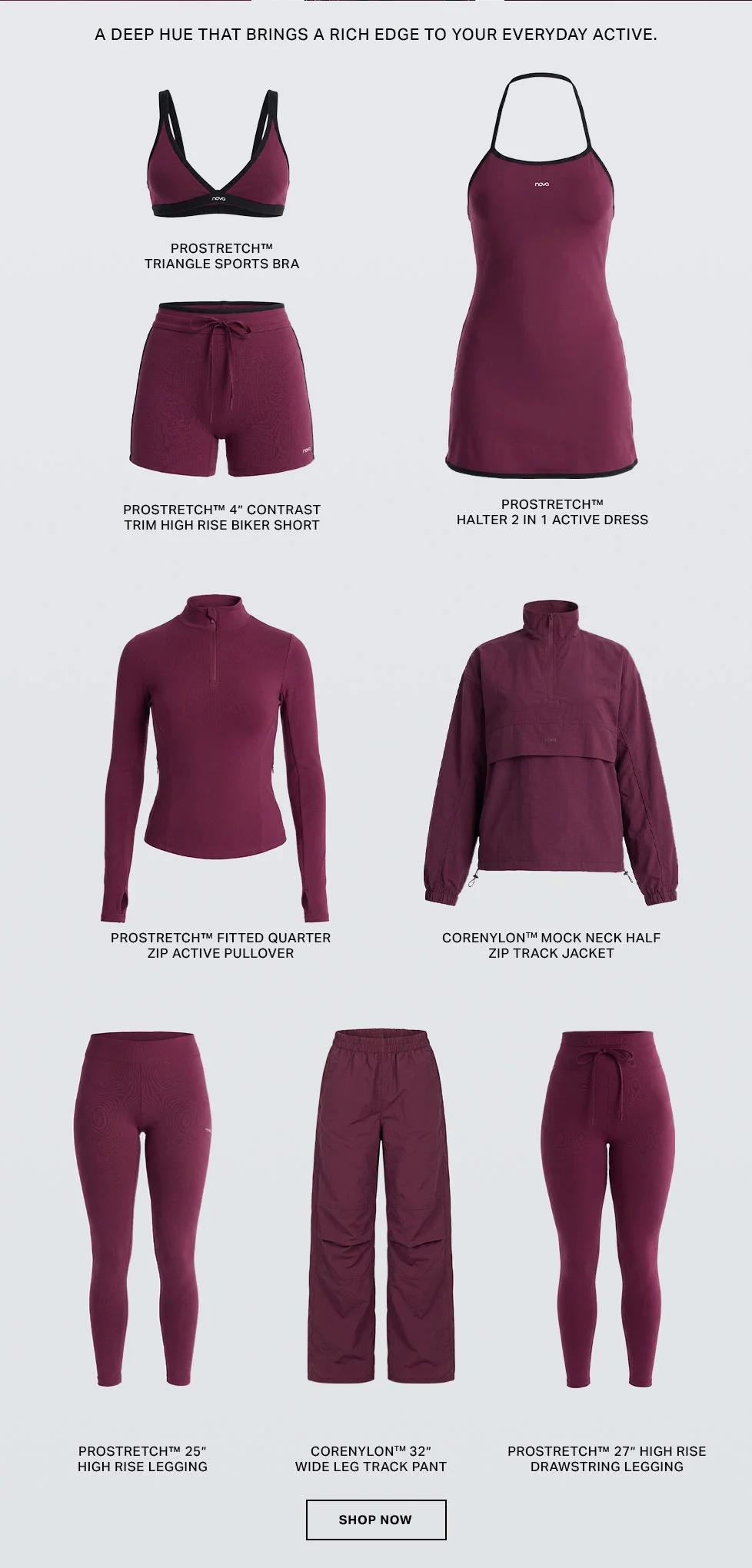 Rich burgundy activewear collection: sports bra, biker shorts, dress, pullover, track jacket, and leggings. Elevate your everyday active style.